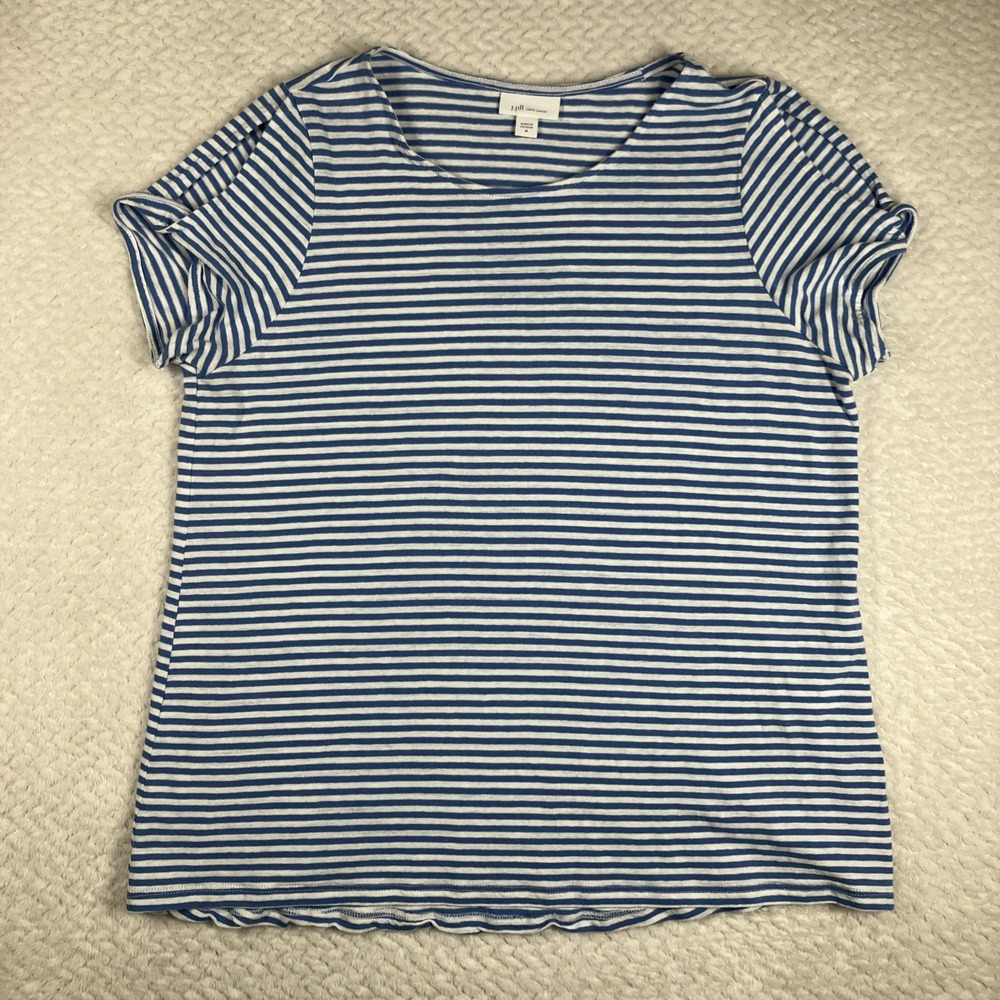J.Jill Love Linen T-Shirt Womens M Stripe Shoulder Cut Out Coastal Breathable